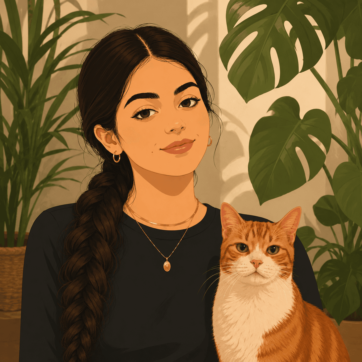 Illustrated portrait of Sophia Orfanou with her cat
